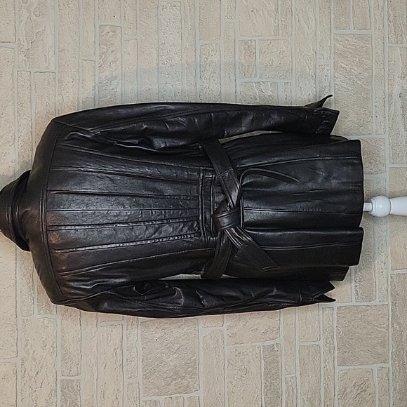 ROSLEEN Mid Length Soft Leather Jacket Belted Buttons - Picture 5 of 15